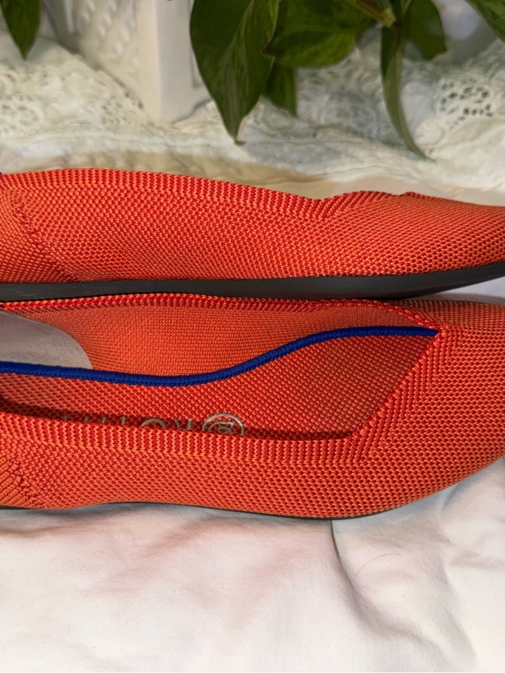 Rothy's Women's Pointed Knit Flats in Bright Orange with Blue Trim - Picture 2 of 8